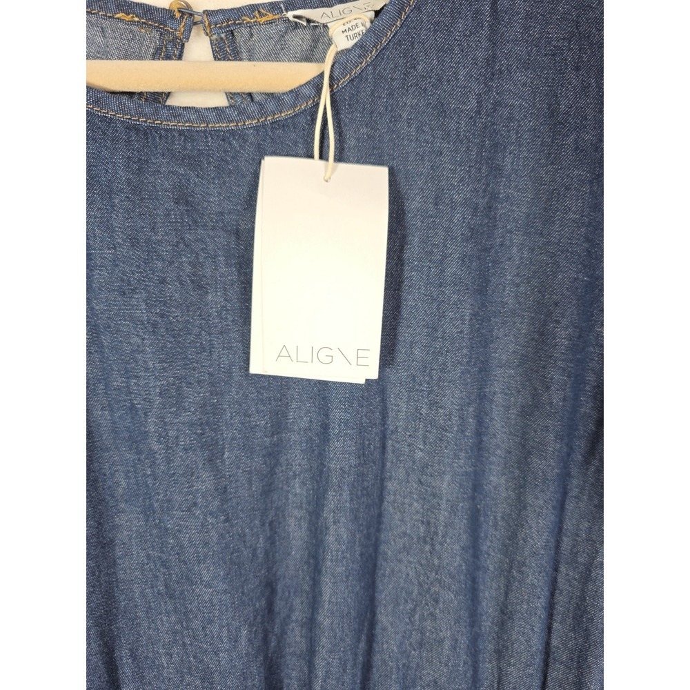 NWT ALIGNE Harlin Denim Midi Dress UK18 US14 Cotton Puff Sleeve Pockets Blue - Picture 8 of 14